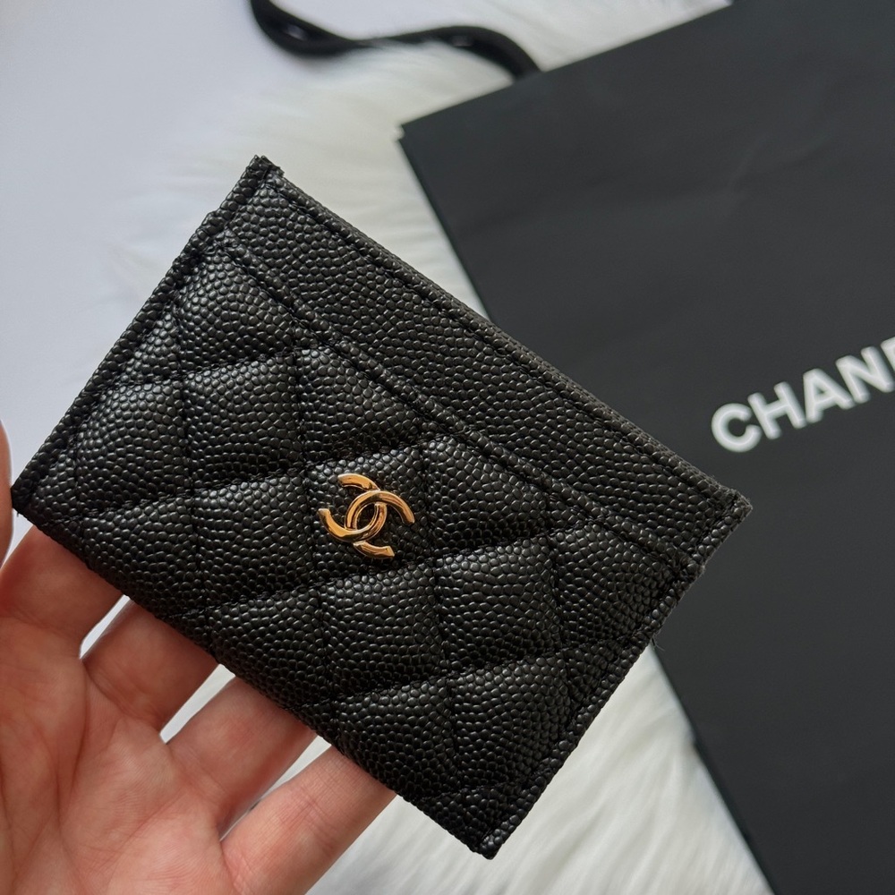 Black Quilted Card Holder with Gold Chanel NEW